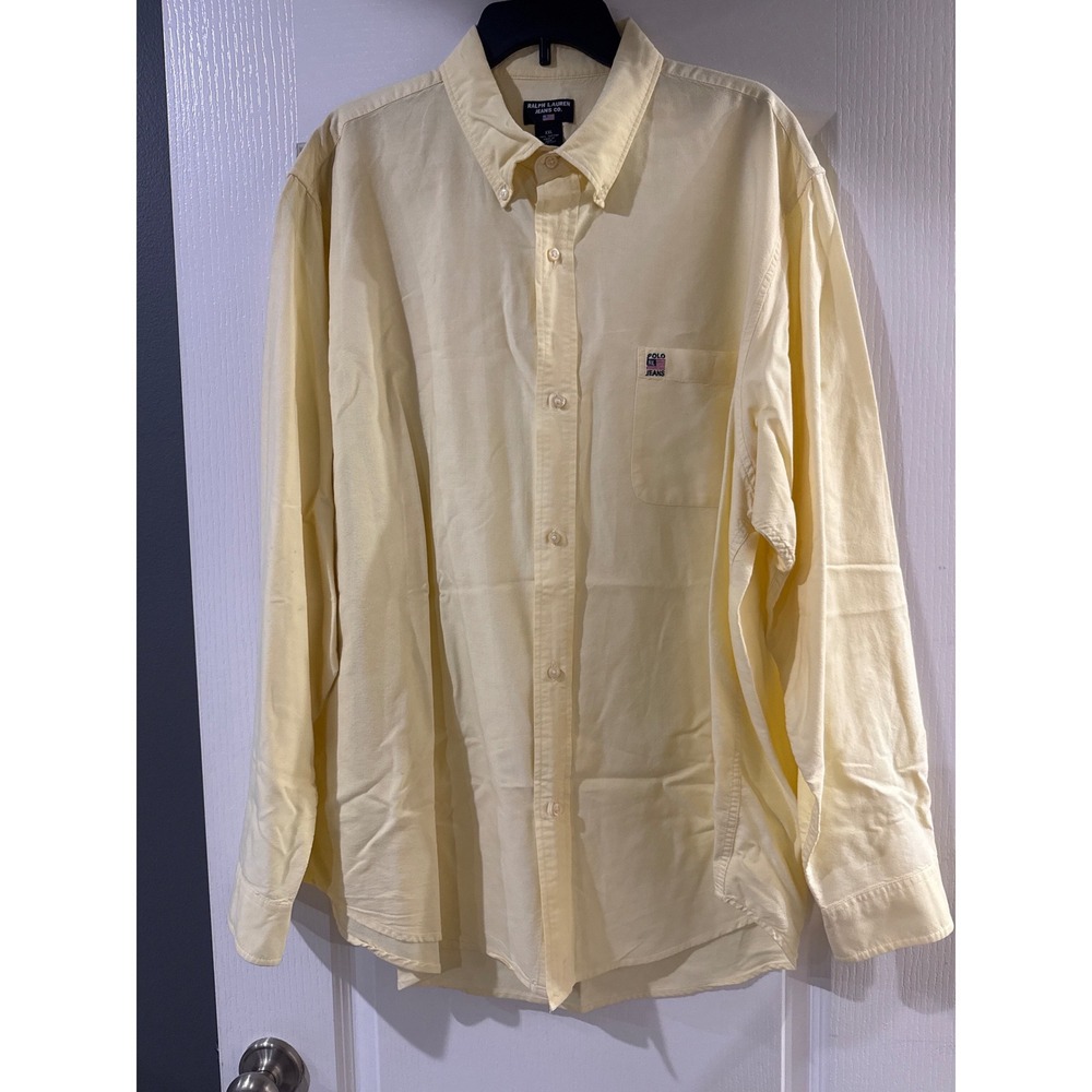 Ralph Lauren Jeans Co Mens‎ XXL Yellow Cotton Button Down Shirt Flag Logo